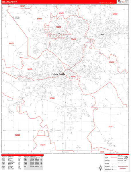 Cedar Rapids City Wall Map Red Line Style
